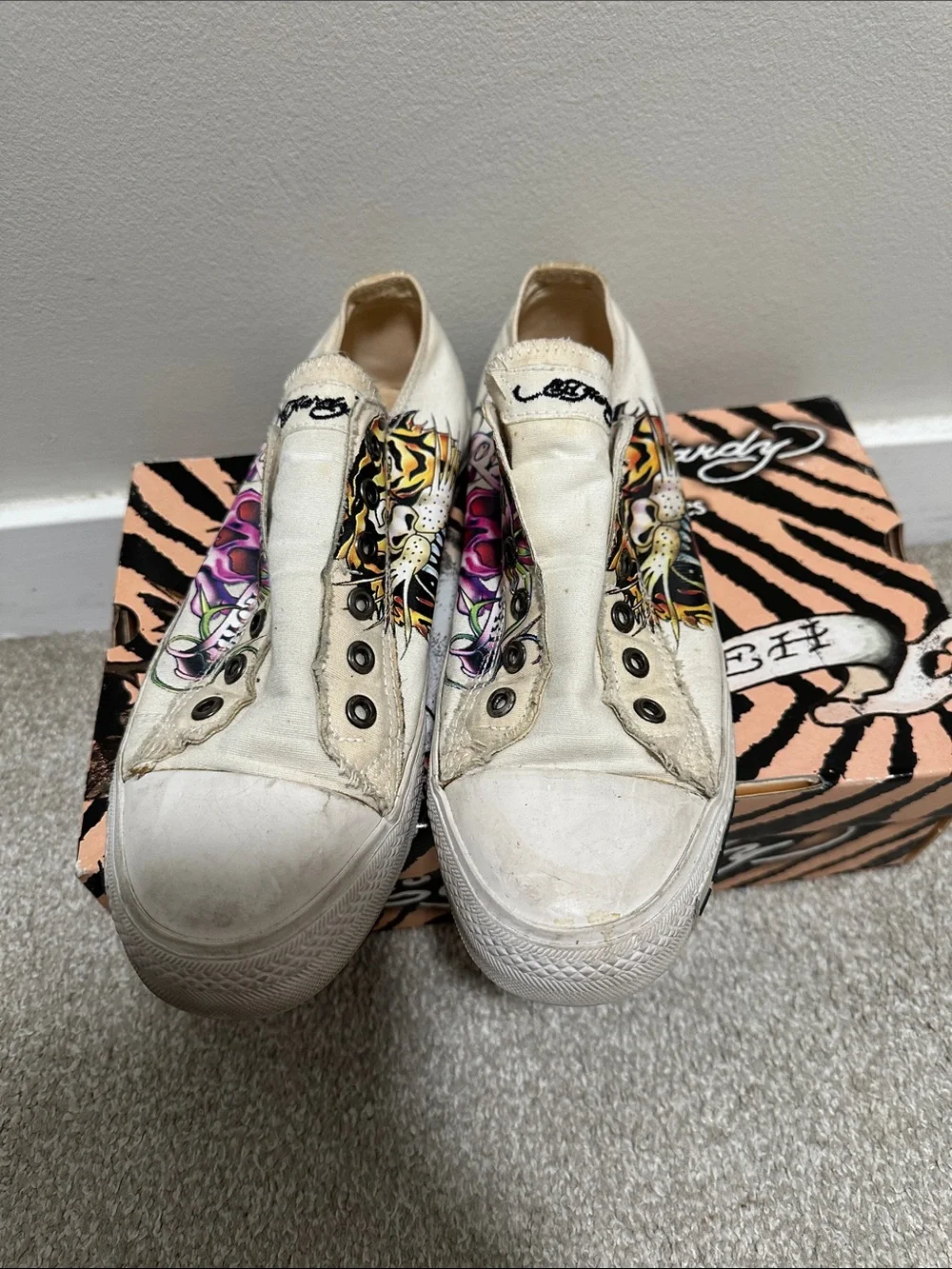 Ed Hardy White Slip-On Sneakers with Colorful Tattoo Art